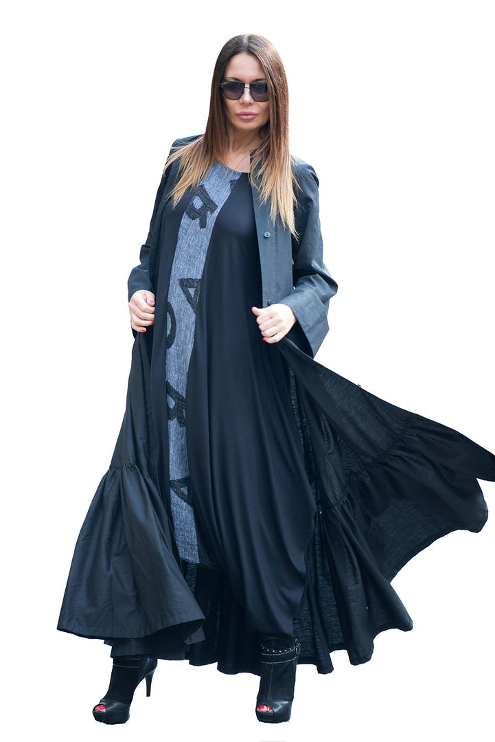 Long Black Womens Flounces Kaftan/Cotton Abaya Dress/Bespoke Plus Size Clothing/Loose Maxi/Summer Dress EUGfashion-KA0195CT (M)